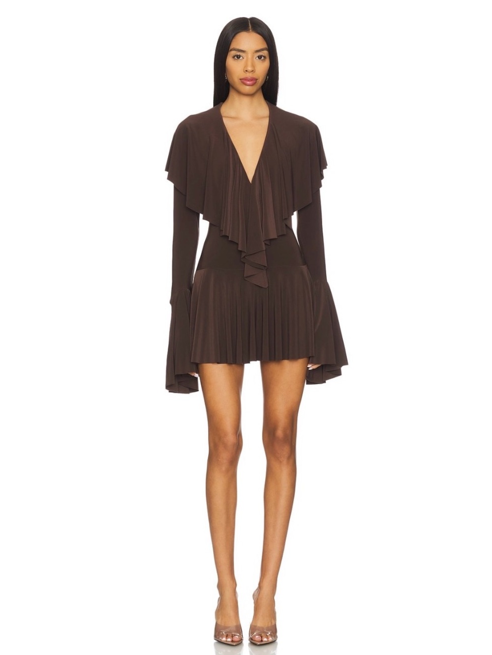 Norma Kamali Chocolate Ruffle Deep V Mini Dress